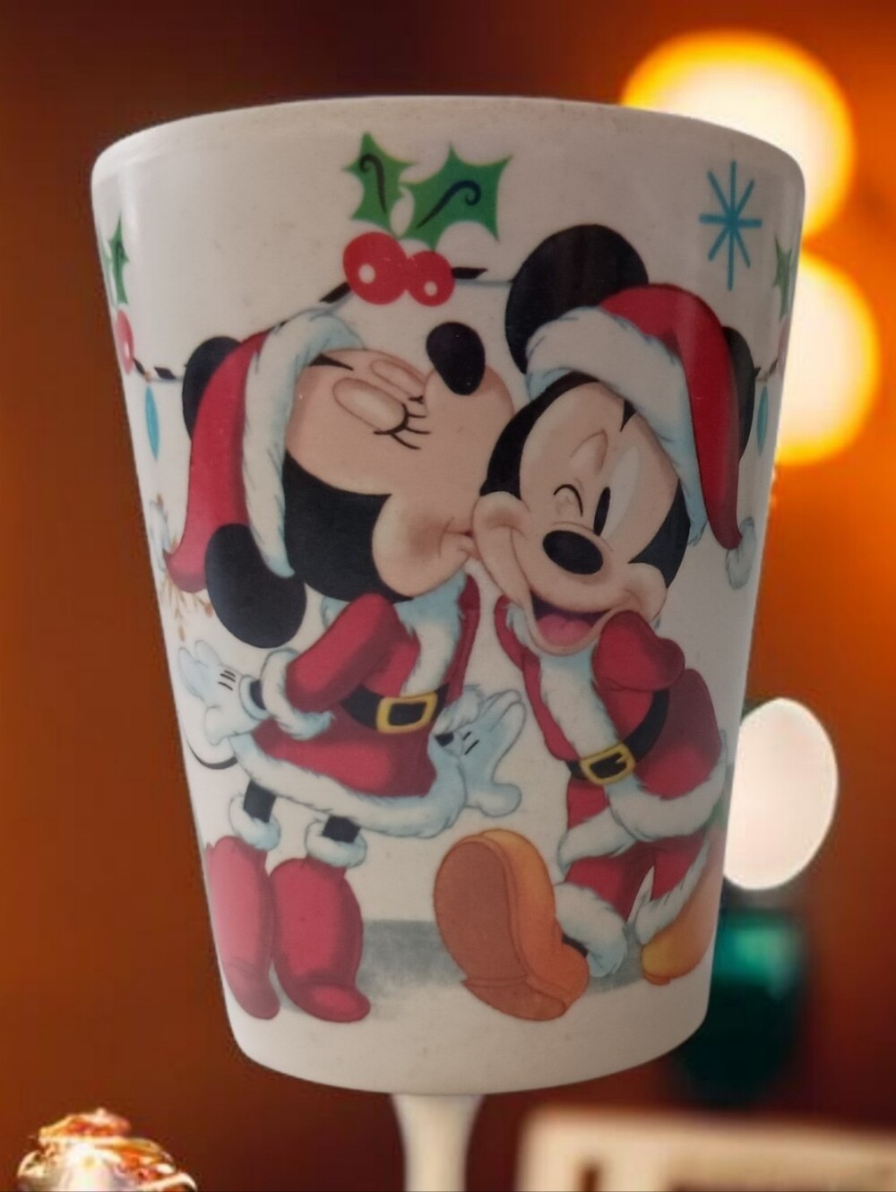 Vintage Disney Melamine Kids Cup Christmas Mistletoe Kiss Mickey Minnie Mouse